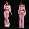 TRAPLOVE 2pcs/Set Women Solid Color Off-Shoulder Long Sleeve Crop Top And Flared Pants Outfit Fall Cloth For Women