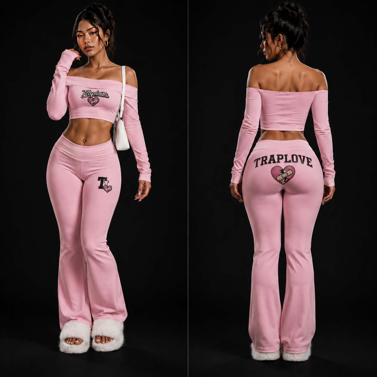 TRAPLOVE 2pcs/Set Women Solid Color Off-Shoulder Long Sleeve Crop Top And Flared Pants Outfit Fall Cloth For Women