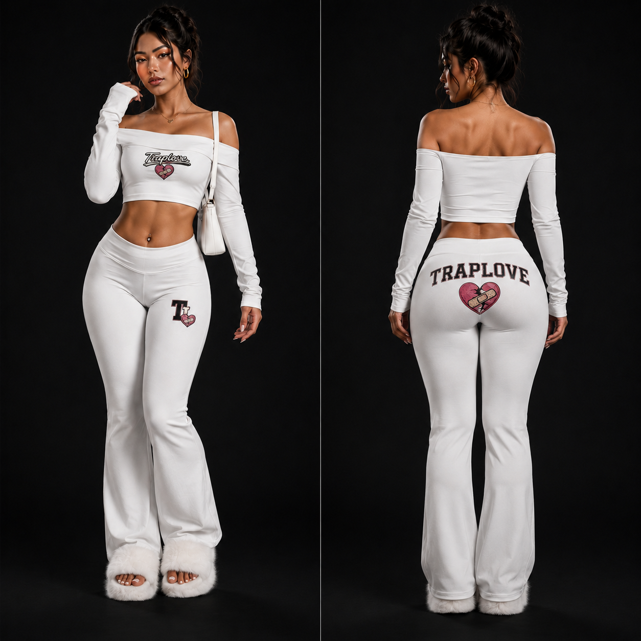 TRAPLOVE 2pcs/Set Women Solid Color Off-Shoulder Long Sleeve Crop Top And Flared Pants Outfit Fall Cloth For Women