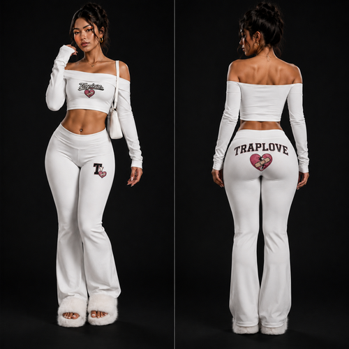 TRAPLOVE 2pcs/Set Women Solid Color Off-Shoulder Long Sleeve Crop Top And Flared Pants Outfit Fall Cloth For Women