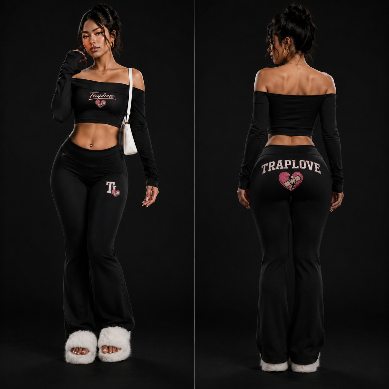 TRAPLOVE 2pcs/Set Women Solid Color Off-Shoulder Long Sleeve Crop Top And Flared Pants Outfit Fall Cloth For Women